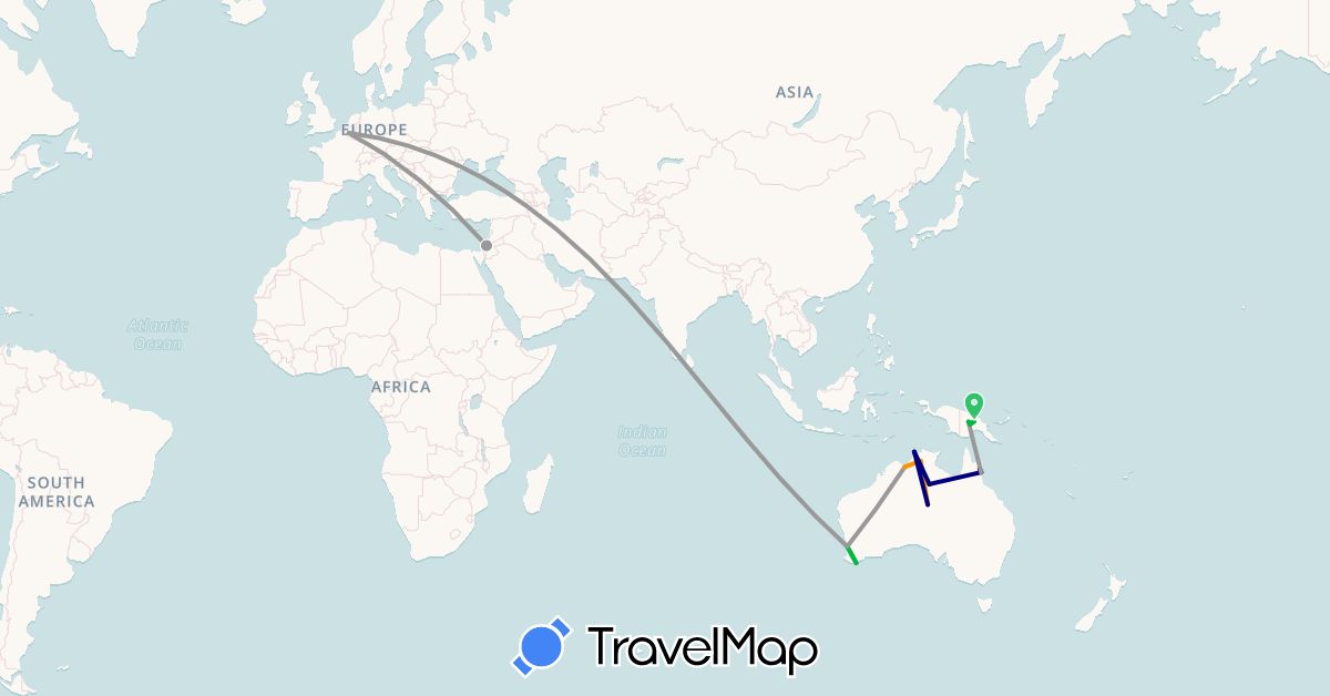 TravelMap itinerary: driving, bus, plane, hitchhiking in Australia, Belgium, Israel, Papua New Guinea (Asia, Europe, Oceania)